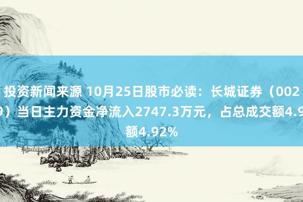 投资新闻来源 10月25日股市必读：长城证券（002939）当日主力资金净流入2747.3万元，占总成交额4.92%