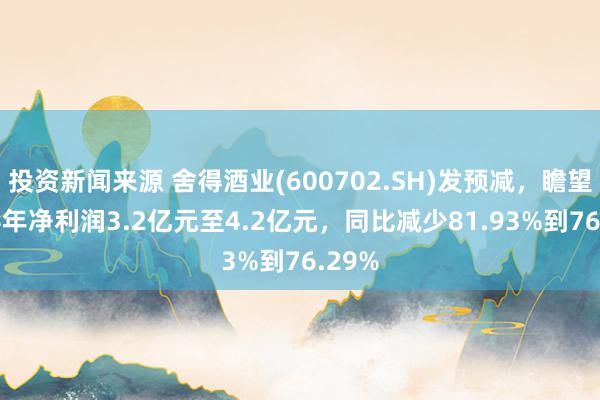 投资新闻来源 舍得酒业(600702.SH)发预减，瞻望2024年净利润3.2亿元至4.2亿元，同比减少81.93%到76.29%